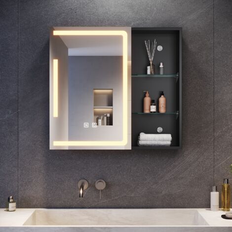SONNI Badezimmer Spiegelschrank, Badspiegel mit LED Beleuchtung mit 3 einstellbar Lichtfarben Beschlagfrei Badezimmer Wandschrank, Medizinschrank Mattschwarz, 65x60 cm