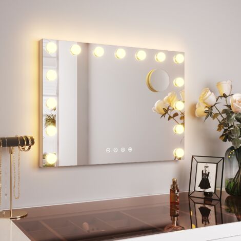SONNI Hollywood Schminkspiegel mit Beleuchtung, 15 LED Licht Dimmbar Kosmetikspiegel 3 Einstellbar Lichtfarben, mit Bluetooth und 10-fache Lupe, 58×45 cm
