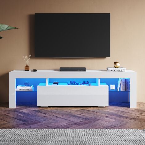 SONNI Hochglanz TV Schrank mit Verstellbaren LED-Lichtern, Offenes Glasregal und Klapptür, Ideal für Wohnzimmer und Schlafzimmer, Weiß, 1600 x 350 x 450 mm