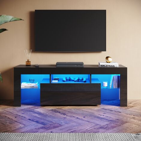 SONNI Hochglanz TV Schrank mit Verstellbaren LED-Lichtern, Offenes Glasregal und Klapptür, Ideal für Wohnzimmer und Schlafzimmer, Schwarz, 1300 x 350 x 450 mm