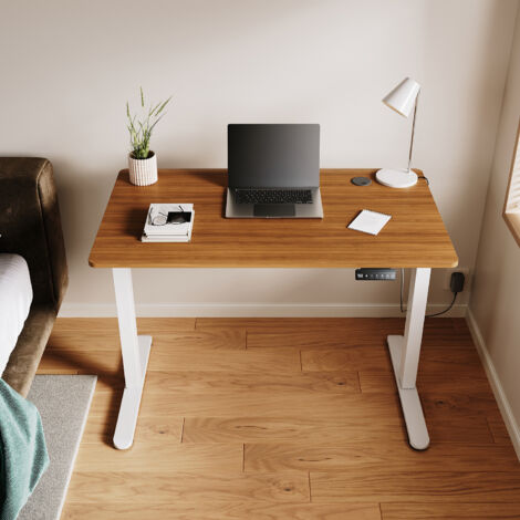 SONNI Höhenverstellbarer Schreibtisch, Stehpult, Bürstenloser Motor mit Smart Memory Funktion, White Desk + 120cm Dark Walnut Table