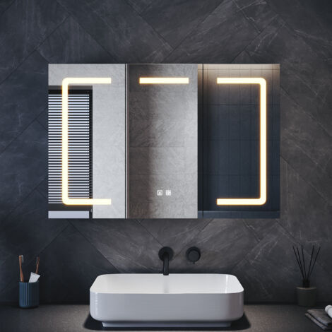 SONNI Badezimmer Anti-Beschlag Spiegelschrank, Badspiegel mit LED Beleuchtung mit 3 Einstellbar Lichtfarben, Unendliche Dimmung, 900x600x130mm, Hellbraun