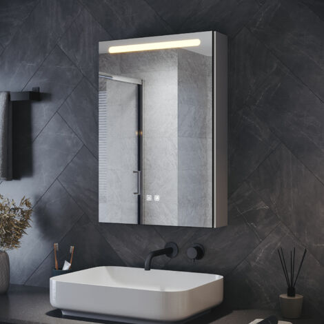 SONNI Spiegelschrank Bad mit Beleuchtung und Make up Aufbewahrung mit Anti-Beschlag, 3 Einstellbar Lichtfarben, 485x700x130mm, Marokkanisches Grau (1/5)