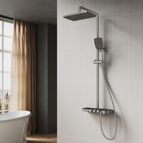 SONNI Duschsäulen mit Thermostat Glasablage, Gunmetal Grau Duschset mit Verstellbarer Duschstange Handbrause Oberbrause und Wasserabgang