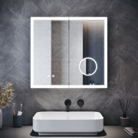 SONNI Badspiegel Spiegelschrank mit LED Beleuchtung Vergrößerungsspiegel, 3 Einstellbare Lichtfarben und Anti-Beschlag, Doppeltürig 650x600mm (1/5)