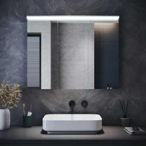 SONNI Badspiegel Spiegelschrank mit LED Beleuchtung Wandschaltersteuerung, Weißes Spiegellicht, Dreitüriges Edelstahl Design 800x600mm