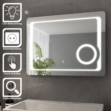 SONNI LED Badspiegel Badezimmer Lichtspiegel 80 x 60 cm Bad Spiegel mit Beleuchtung Touchschalter LED Kometikspiegel mit Rasiersteckdose - verchromt