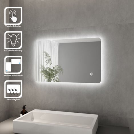 SONNI Badspiegel mit Beleuchtung Lichtspiegel LED Spiegel 80 x 50 cm  kaltweiß IP44 Badezimmer Wandspiegel mit Touch-Schalter Beschlagfrei  Badezimmerspiegel