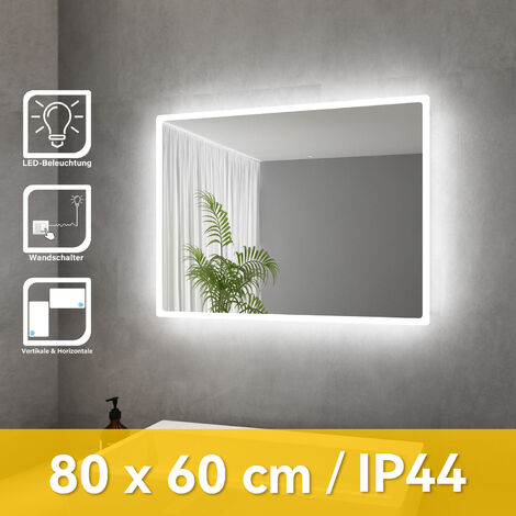 SONNI Badspiegel Lichtspiegel Kupfer/bleifreie Spiegel Wandspiegel 80 x 60cm kaltweiß IP44 energiesparend
