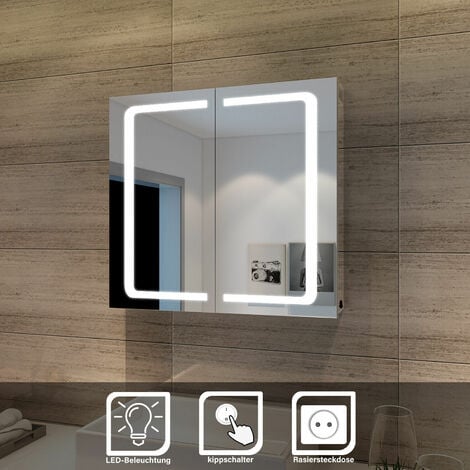 SONNI LED Spiegelschrank 2türig 70 x 65 x13cm Badezimmerspiegel wandschrank Badschrank mit Beleuchtung mit Steckdose - verchromt glänzend