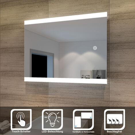 SONNI Badspiegel mit LED-Beleuchtung Lichtspiegel mit Touch-Schalter 60 x 80 cm kaltweiß IP44 Badezimmer Wandspiegel mit Touch-Schalter Beschlagfrei Badezimmerspiegel