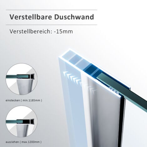 100x200cm Walk in Duschwand, NANO ESG 8mm, Duschtrennwand Glaswand mit Stabilisator