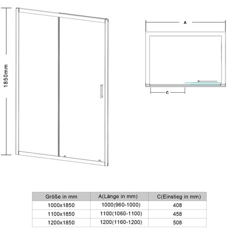 SONNI Duschabtrennung Schiebetür Nischentür Duschtüren Einscheiben-Sicherheitsglas 120 x 185cm Duschtür