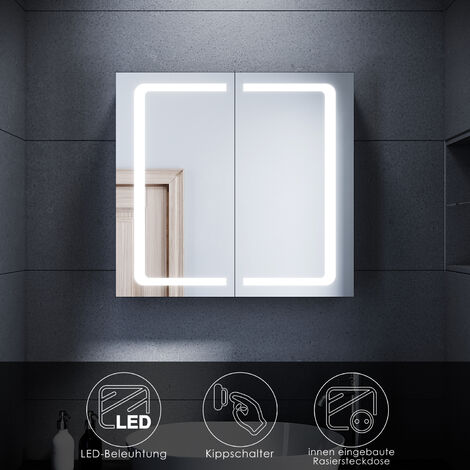 SONNI LED Spiegelschrank Badezimmerspiegel Badschrank mit Beleuchtung Kippschalter mit Steckdose 2-türig 70x65cm - verchromt glänzend