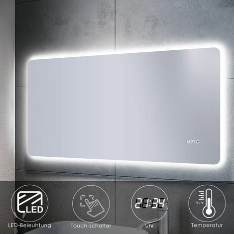 Badspiegel LED Touch 120x60 mit Beleuchtung Uhr Temperatur Spiegel Wandspiegel - verchromt