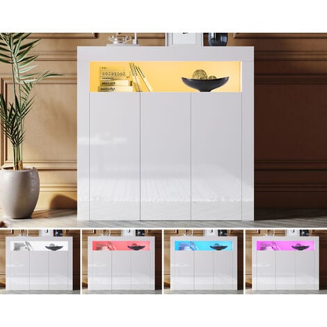 SONNI Sideboard Weiß Kommode Hochglanz Wohnzimmer LED Wohnzimmermöbel B116xH93xT35cm