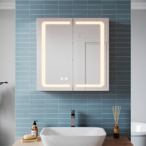 SONNI Aluminium LED Spiegelschrank mit Beleuchtung 3 Lichtfarben Dimmbar 65x65x13.3cm mit Touch Steckdose und Beschlagfrei