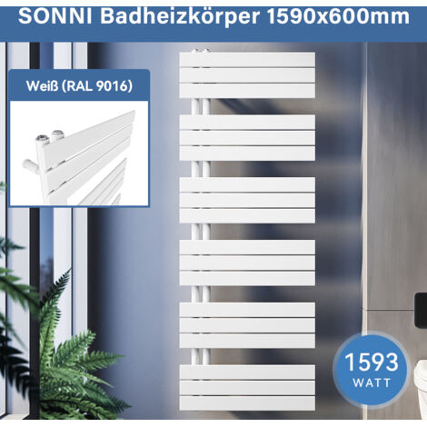 SONNI Design Heizkörper Flach 1590 x 600 mm Badheizkörper Mittelanschluss seitlich Handtuchtrockner Bad,770 Watt weiss
