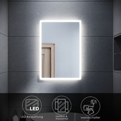 SONNI Badspiegel mit LED Beleuchtung 40x60cm Badezimmerspiegel Wandspiegel energiesparender IP44 - verchromt glänzend