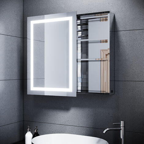 SONNI Spiegelschrank mit LED Beleuchtung Badspiegel Badschrank Edelstahl  Badezimmer Schrank Steckdose,Beschlagfrei,Kippschalter,Schiebetür,50x70cm