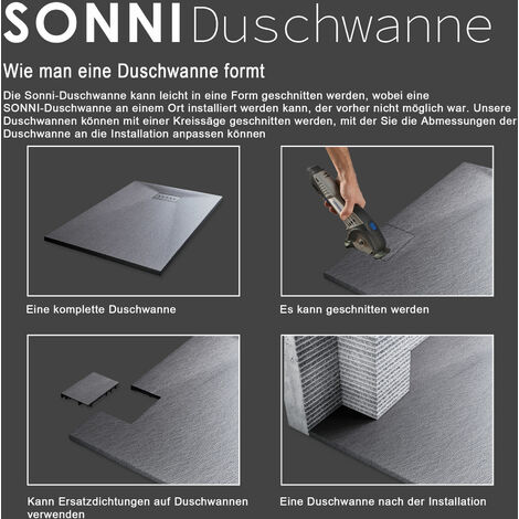 SONNI Duschwanne Duschtasse Dusche Flach SMC  inkl.Ablaufgarnitur,Antirutsch,Schneidbaren Design Grau 80 x 80 cm