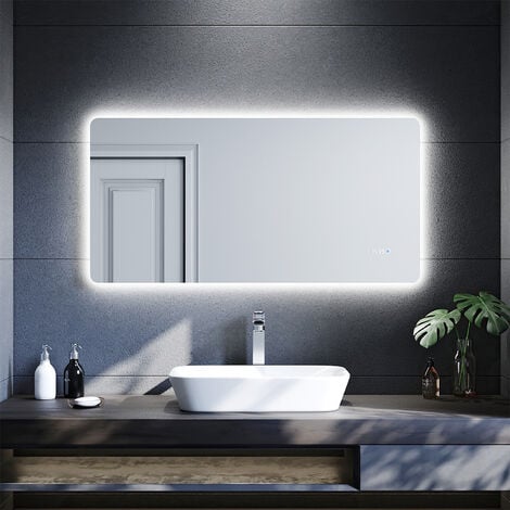 SONNI Badspiegel LED Touch Beleuchtung 120x60cm Uhr Beschlagfrei Badezimmerspiegel mit LED 120 Wandspiegel - verchromt glänzend