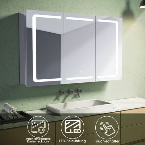 SONNI Spiegelschrank mit beleuchtung und steckdose Badspiegel LED Touch Edelstah 105x65x13cm Drahtloses Scharnier & Softclose Scharnieren IP44 - verchromt glänzend