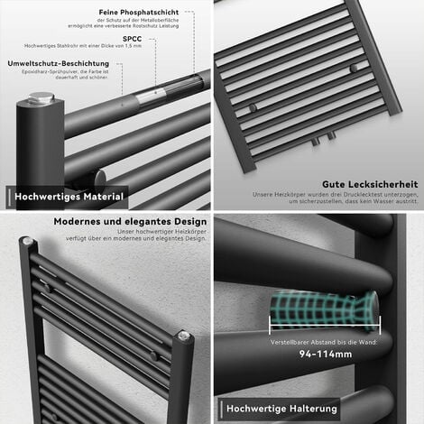 SONNI Handtuchheizkörper Mittelanschluss Badheizkörper Weiß/Anthrazit Handtuchwärmer Handtuchtrockner 1600x600mm 934W Weiß