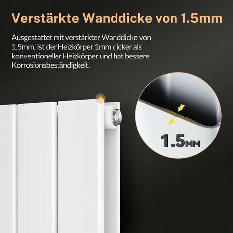 Design Heizkörper Vertikal 1800 Paneelheizkörper mittelanschluss Flachheizkörper Weiß 1800x465mm,Doppellagig,1598 Watt,22-31m²