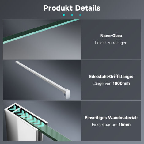 SONNI Duschwande Teilsatiniert walk in dusche Duschabtrennung eckeinstieg Duschkabine mit Stabilisator Nano ESG Glas 8mm 120x200cm