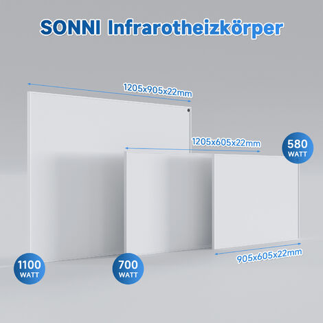 SONNI Heizpaneel infrarot Infrarotheizung elektrisch Wandheizung Elektroheizung Carbon Crystal IP54 weiß 1205x905x22mm 1100W Überhitzungsschutz
