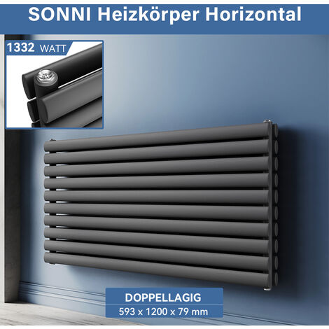 SONNI Horizontal Heizkörper Anthrazit 1200x600mm Doppellagig Heizung, Seitenanschluss