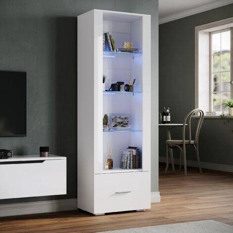 SONNI LED OffenerVitrinenschrank 4 Fächer mit Schublade Hochglanz Bücherregal für Wohnzimmer, Schlafzimmer, Weiß 55x35x172cm