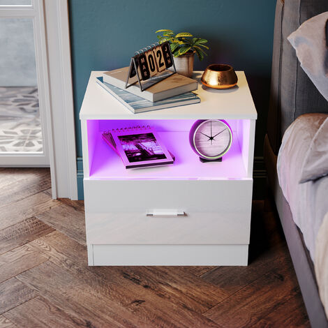SONNI LED Nachttische mit Schublade Weiß Hochglanz Kommode Schlafzimmermöbel 450x350x465mm