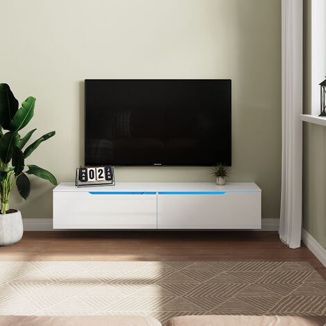 SONNI Moderner hochglänzender hängender TV-Schrank Fernsehtisch mit LED-Licht, TV-Möbel mit 2 Türen zur Aufbewahrung von Medien Weiß, 1600mm
