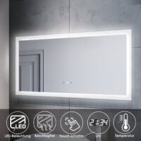 Badspiegel LED Touch mit Beleuchtung Uhr Beschlagfrei Wandspiegel 120x60 Bad - verchromt