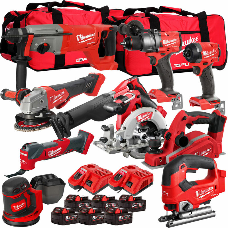 Milwaukee 18V Cordless 10 Piece Tool Kit with 6 x 5.0Ah Batteries