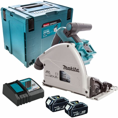 Makita DSP600ZJ 36V Brushless 165mm Plunge Saw with 2 x 5.0Ah Battery Twin Port Charger & Makpac Case:18V