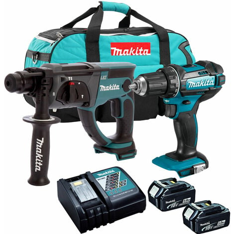 Makita 18V SDS+ Rotary Hammer + Combi Drill Twin Kit with 2 x 5.0Ah Battery Charger & Bag