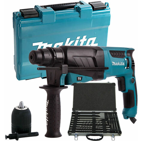 Makita HR2630 240V 3 Mode SDS+ Rotary Hammer Drill with 17Pc SDS+ Drill Chisel Bit Set & Excel 13mm Chuck