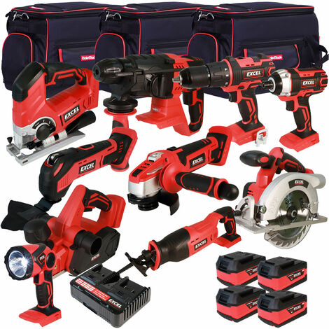 Excel 18V 10 Piece Cordless Power Tool Kit with 4 x 5.0Ah Batteries + 2 x Charger & 2 x 26" Bag EXLKIT-101:18V