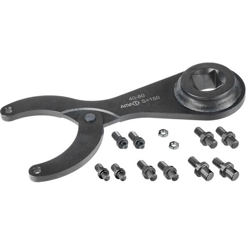 Clé à Ergots Articulée AMF 41038 - Pour écrous à Deux Trous, Dimensions 18-40 Mm / 3 Mm, Acier Bruni, Avec Trou De Suspension