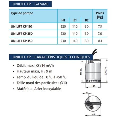Pompe vide cave Grundfos UNILIFTKP150AV1 0,30 kW avec flotteur vertical - Eau usée jusqu'à 8 m3/h monophasé 220V