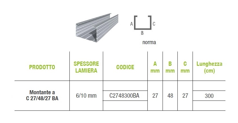 Montante a C 27/48/27 BA (Bordo Arrotondato) - Profilo per Cartongesso -  Lunghezza Barra 300 cm