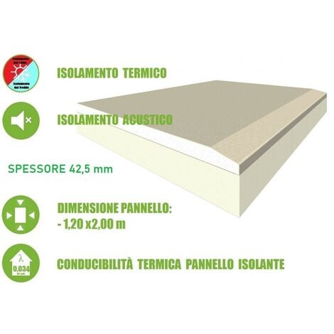 5 Pannelli Accoppiati in Cartongesso e Polistirene Estruso per Isolamento  Termico/Acustico - 120x200xH 4,25 cm