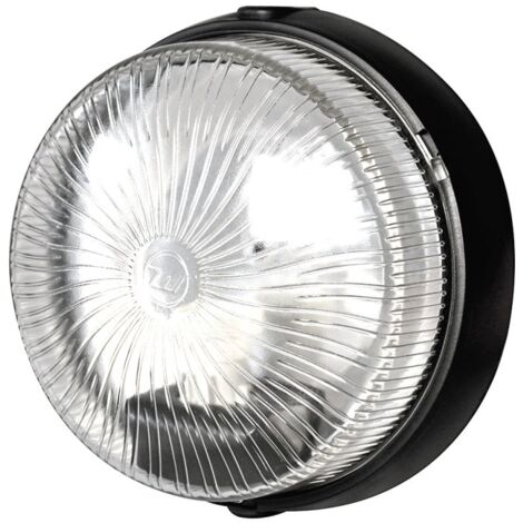 Hublot d'extérieur rond 60W IP44 – Alimentation 230V – Plastique noir avec diffuseur en verre – Installation plafonnier ou applique – Woltz