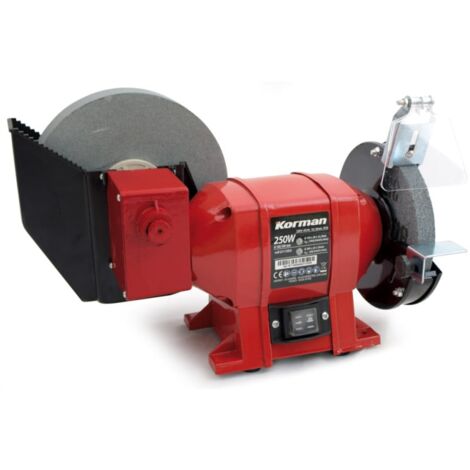 Touret à meuler mixte 250W – Meule sèche Ø150mm grain 36 – Meule à eau Ø200mm grain 80 – Moteur à induction silencieux – Korman