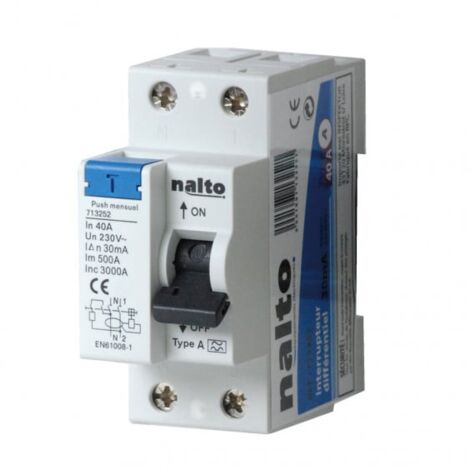 Interrupteur différentiel 40A – Type A – Protection contre courants alternatifs et continus – Connexion à vis – 1P+N – Norme EN 61008-1 – Nalto