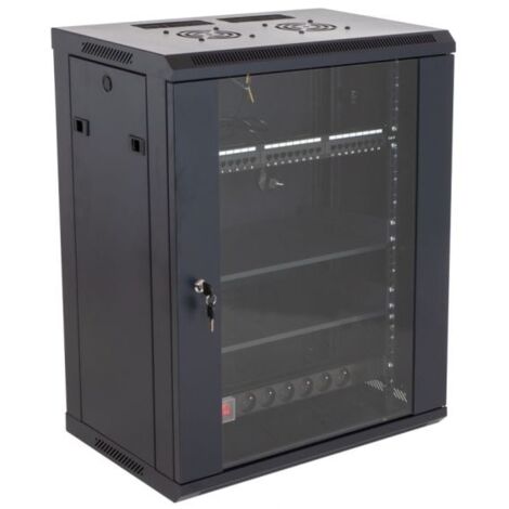 Ohmtec – Baie de brassage 19 pouces avec 24 connecteurs RJ45 CAT6 – Panneau de 6 prises 16A – 2 tablettes amovibles – Ventilateurs intégrés