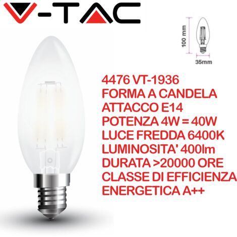 V-TAC VT-1936 4476 Lampadina LED E14 4W Candela Filamento Satinato 6400K